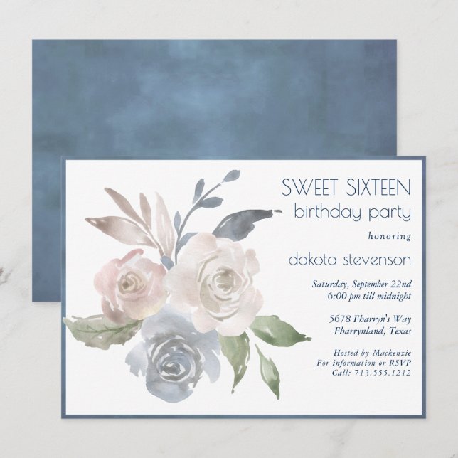 Invitation Bouquet floral bouché | Crème Bleue Rose Sweet 16 (Devant / Derrière)