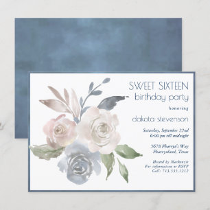 Invitation Bouquet floral bouché   Crème Bleue Rose Sweet 16