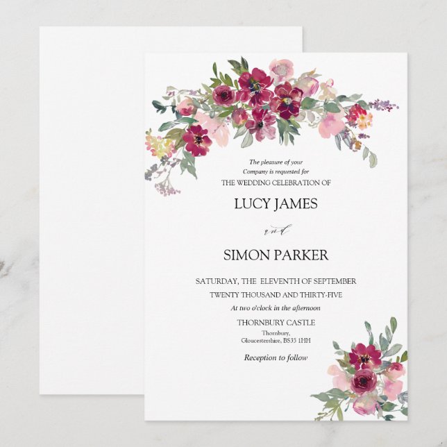 Invitation Bouquet floral Bourgogne Mariage (Devant / Derrière)