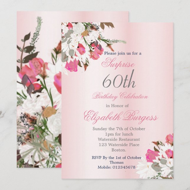 Invitation Bouquet floral Elégant rose 60e anniversaire (Devant / Derrière)