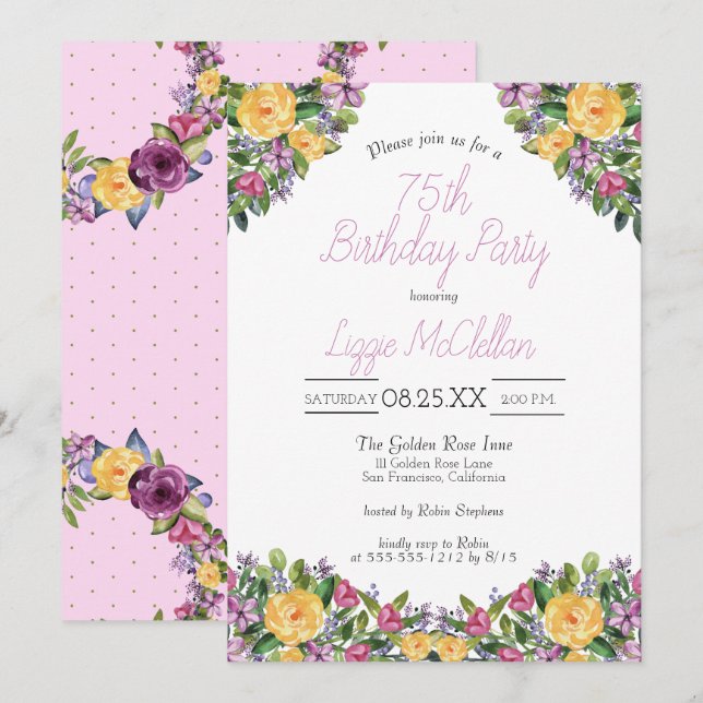 Invitation Bouquet floral en cascade fête d'anniversaire (Devant / Derrière)