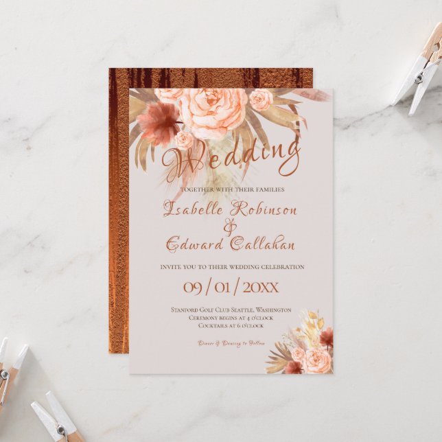Invitation Bouquet floral en cuivre orangé bohème tendance (Devant/Arrière en situation)