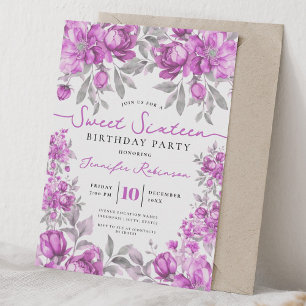 Invitation Bouquet Floral Féminin Anniversaire Sweet 16 Rose 