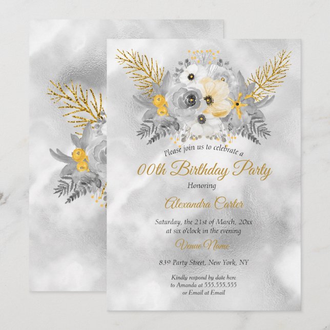 Invitation Bouquet floral gris or jaune fête d'anniversaire (Devant / Derrière)