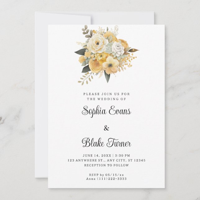 Invitation Bouquet floral jaune et blanc Mariage blanc (Devant)