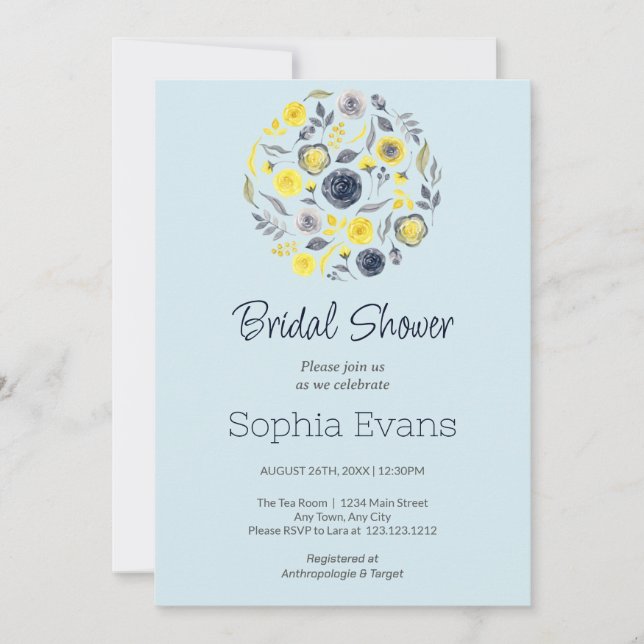 Invitation Bouquet floral jaune et bleu pour la douche de la  (Devant)