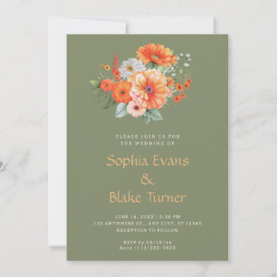 Invitation Bouquet Floral Orange Et Rose Mariage Vert
