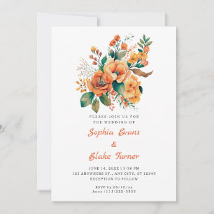 Invitation Bouquet Floral Orange et Vert Mariage Blanc