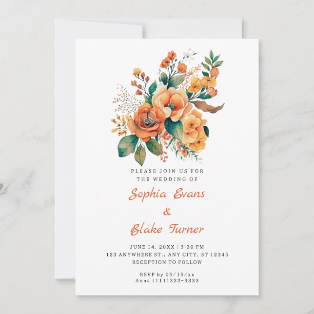 Invitation Bouquet Floral Orange Et Vert Mariage Blanc (Devant)