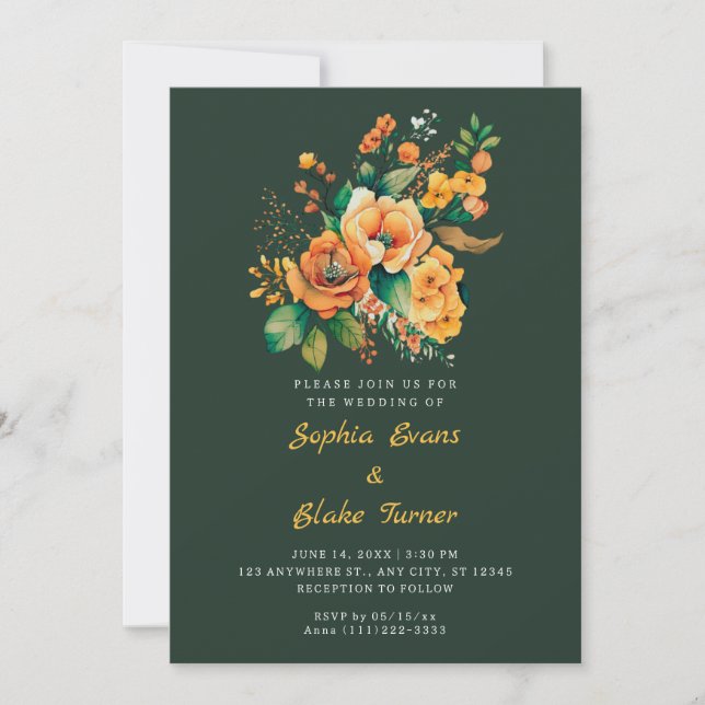 Invitation Bouquet Floral Orange Et Vert Mariage Vert (Devant)