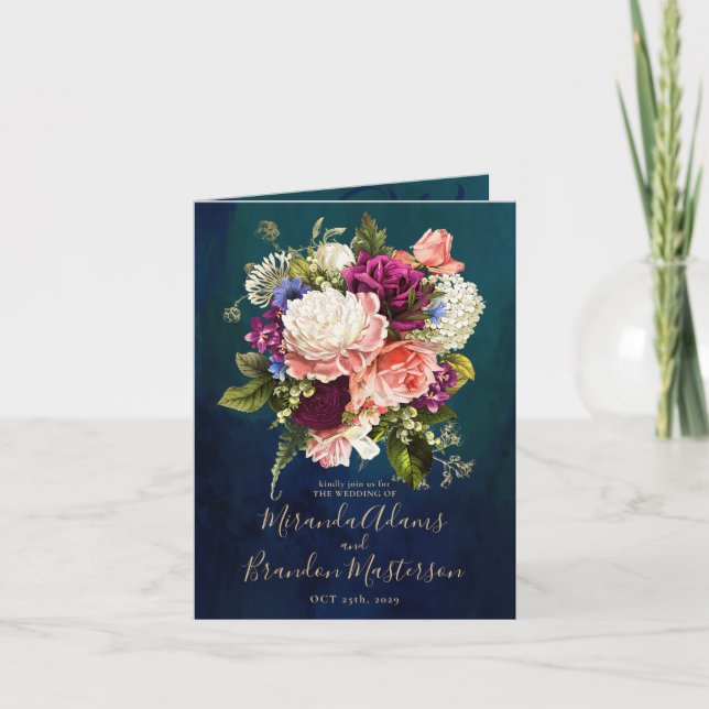 Invitation Bouquet floral romantique Emerald Green Mariage or (Devant)