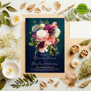 Invitation Bouquet Floral Romantique Émeraude Vert Or Mariage