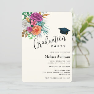 Invitation Bouquet floral Rose coloré fête de graduation