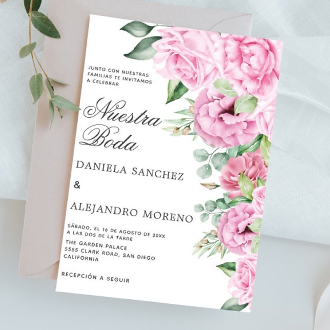 Invitation Bouquet floral rose Nuestra Boda Mariage espagnol (Créateur téléchargé)