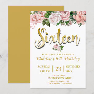 Invitation Bouquet floral rose pâle Sweet 16