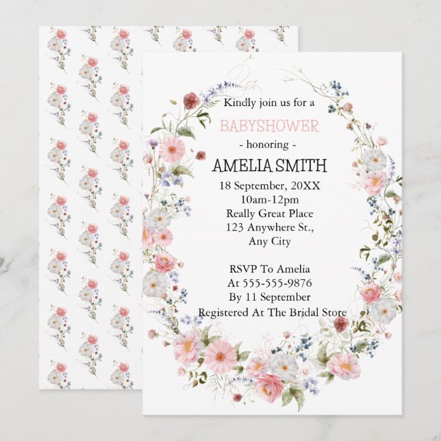 Invitation Bouquet floral sauvage Babyshower (Devant / Derrière)