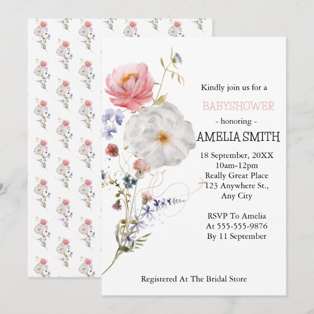 Invitation Bouquet floral sauvage Babyshower (Devant / Derrière)