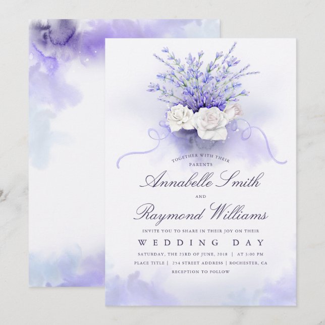 Invitation Bouquet Lavenders et Roses blanches Mariage élégan (Devant / Derrière)