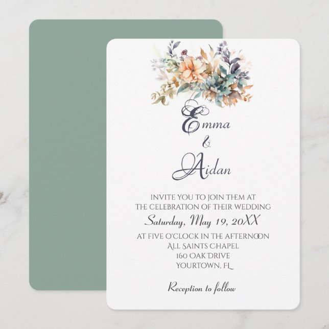 Invitation Bouquet Mariage Aquarelle Sur Ivoire (Devant / Derrière)