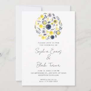 Invitation Bouquet Mariage Blanc Abstrait Jaune et Bleu