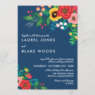 Invitation Bouquet populaire Boho - Mariage bleu profond