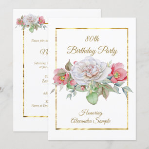 Invitation Bouquet rose blanc Fleurs or Anniversaire