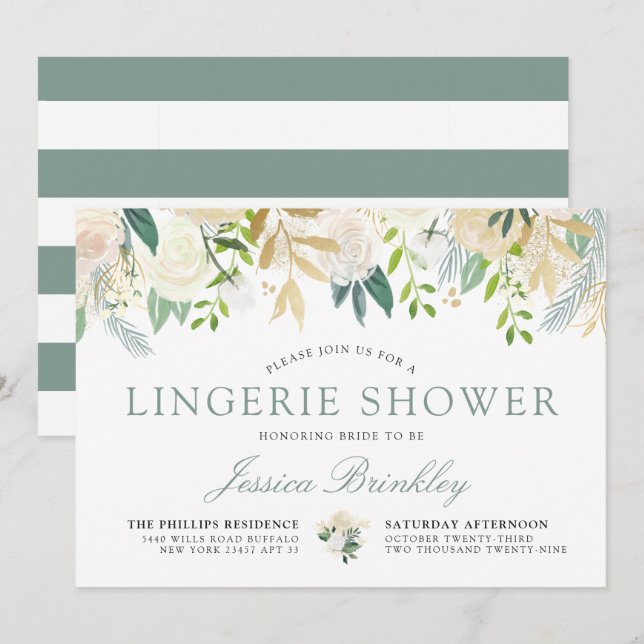 Invitation Bouquet Rose blanche | Douche à lingerie fleurie (Devant / Derrière)