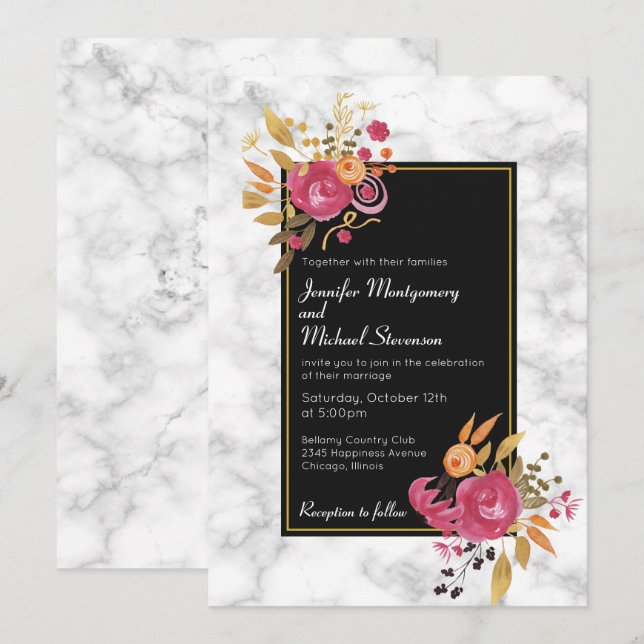 Invitation Bouquet rose floral sur le Marbre blanc de mariage (Devant / Derrière)