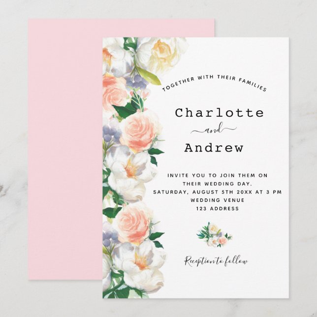 Invitation Bouquet rose rose rose rose or fleurs luxuriantes  (Devant / Derrière)