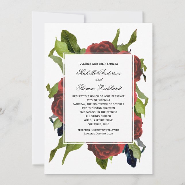 Invitation Bouquet Rose rouge Mariage floral (Devant)