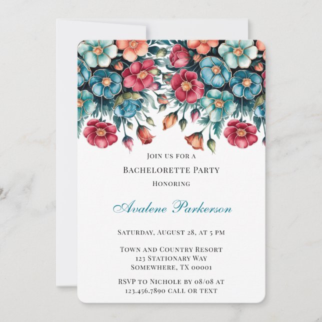 Invitation Bouquet turquoise Rouge Orange Floral Bachelorette (Devant)