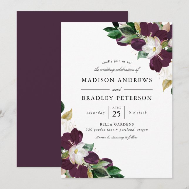 Invitation Bouquets floraux de prune foncée | MARIAGE (Devant / Derrière)