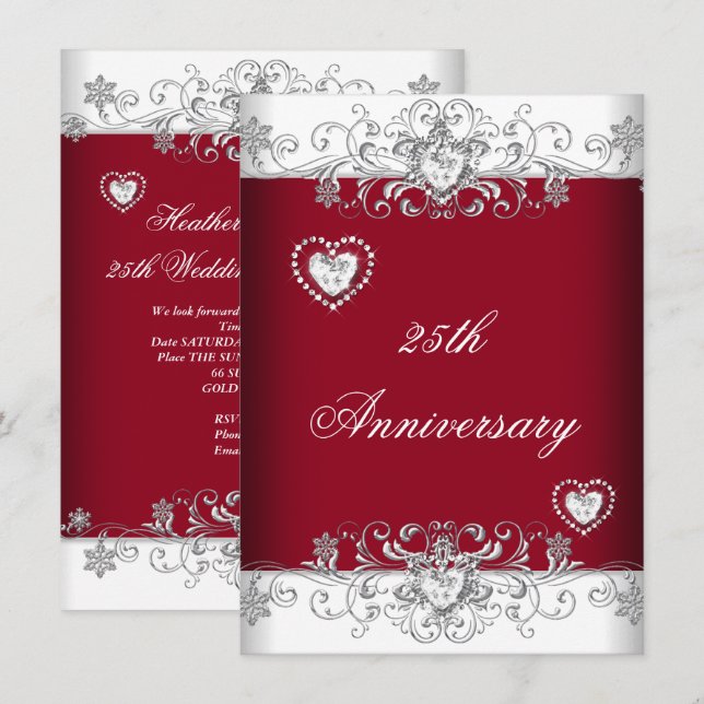 Invitation Bourgogne 25e Anniversaire de Mariage Diamant Cœur (Devant / Derrière)