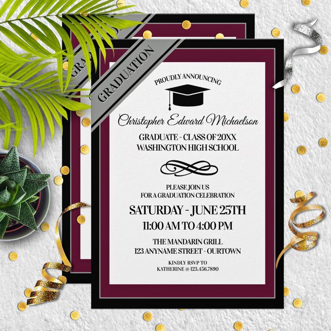 Invitation Bourgogne|Annonces de graduation formelle Argent (Créateur téléchargé)