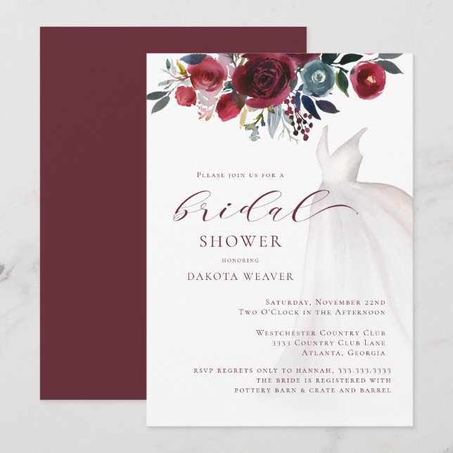 Invitation Bourgogne Aquarelle Mariage robe Fête des mariées (Devant / Derrière)