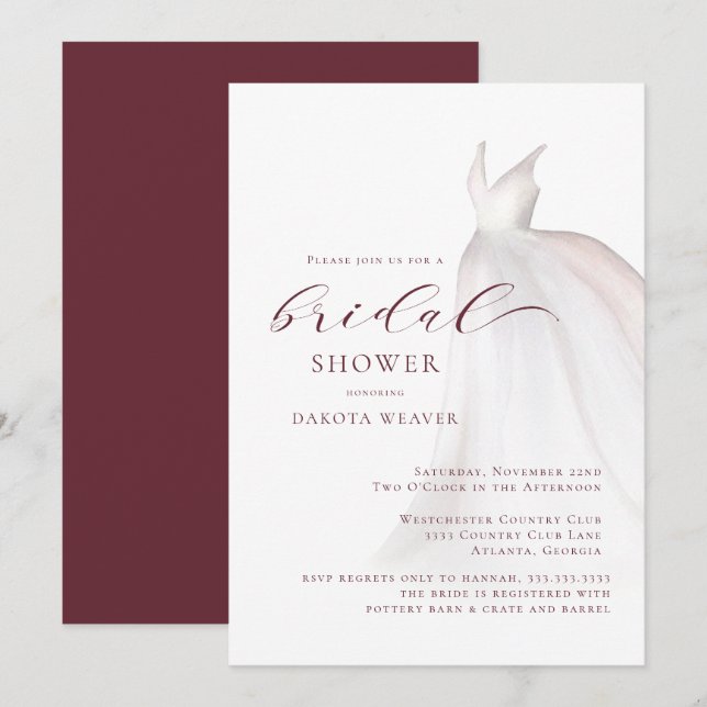 Invitation Bourgogne Aquarelle Mariage robe Fête des mariées (Devant / Derrière)