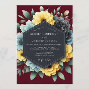 Invitation Bourgogne & Ardoise Mariage Dramatique en Fleurs
