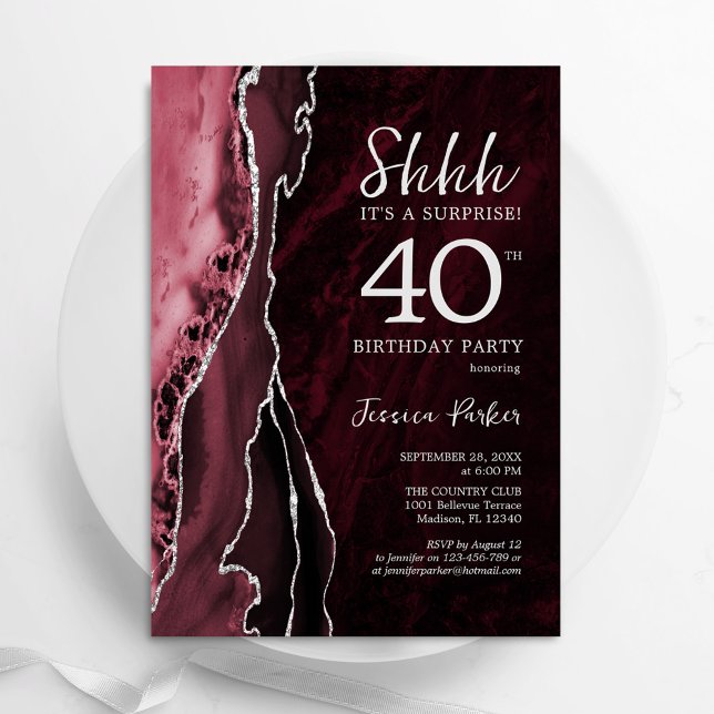 Invitation Bourgogne Argent Agate Surprise 40e anniversaire (Créateur téléchargé)