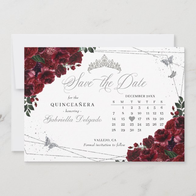 Invitation Bourgogne & Argent Quinceañera Enregistrer La Date (Devant)