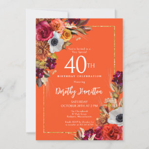 Invitation Bourgogne Automne Fleurs Élégant Script 40e Annive