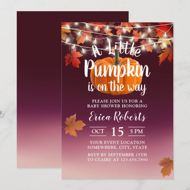Invitation Bourgogne Automne Petit Baby shower Citrouille (Devant / Derrière)