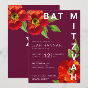 Invitation Bourgogne Bat mitzvah Floral Aquarelle moderne