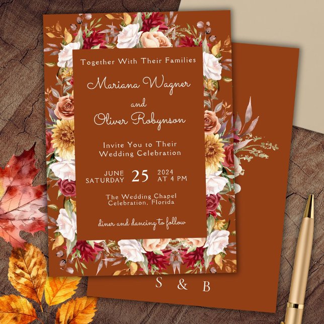 Invitation Bourgogne Beige Terracotta Fall Floral Mariage (Créateur téléchargé)