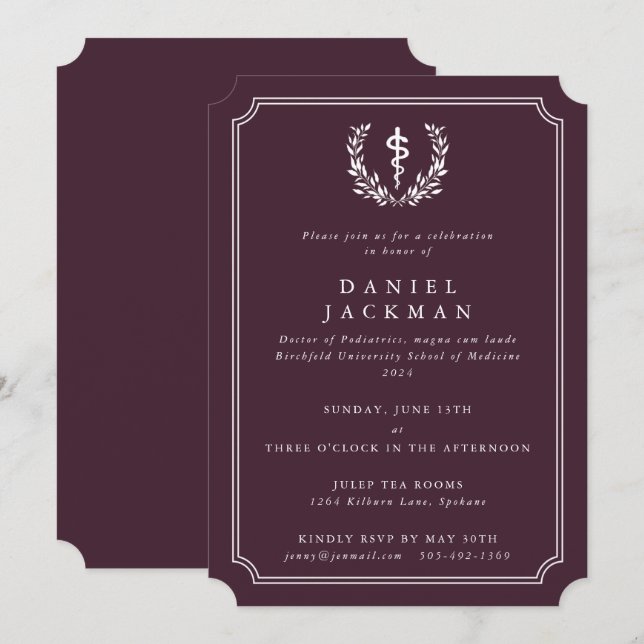 Invitation Bourgogne/Blanc Asclepius Médicale School Graduati (Devant / Derrière)
