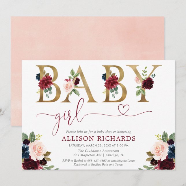 Invitation Bourgogne bleu marine floral bleu baby shower fill (Devant / Derrière)
