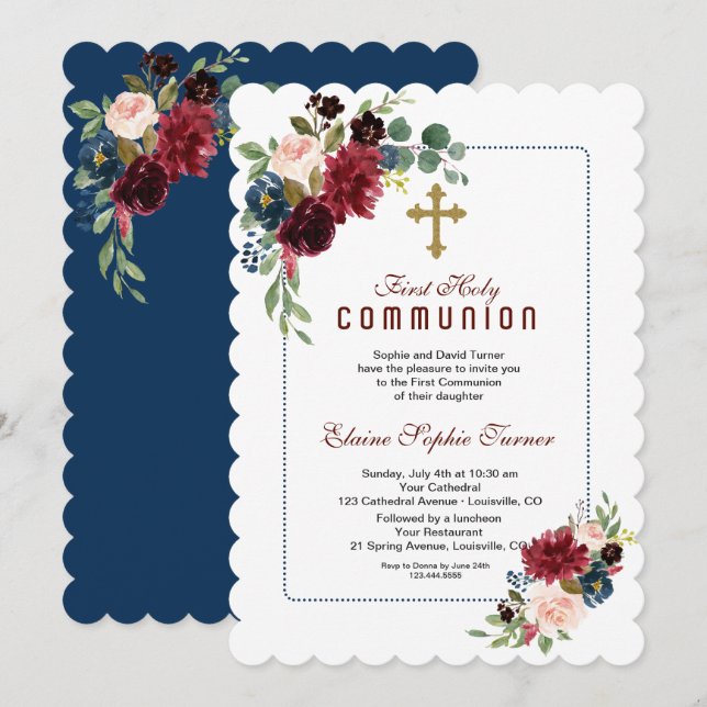 Invitation Bourgogne Bleu Nuit Floral Cadre Première Communio (Devant / Derrière)
