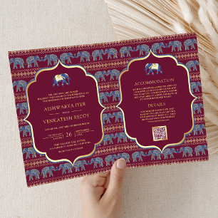 Invitation Bourgogne Bleu Nuit Or Éléphant Mariage Indien