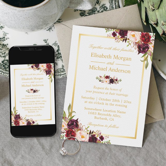 Invitation Bourgogne Blush Bloom Floral Gold Frame Mariage (Créateur téléchargé)
