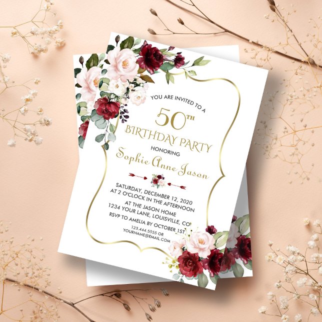 Invitation Bourgogne Blush Floral Gold Frame 50e anniversaire (50th birthday, trendy 50th birthday invitation, modern gold floral birthday invite)