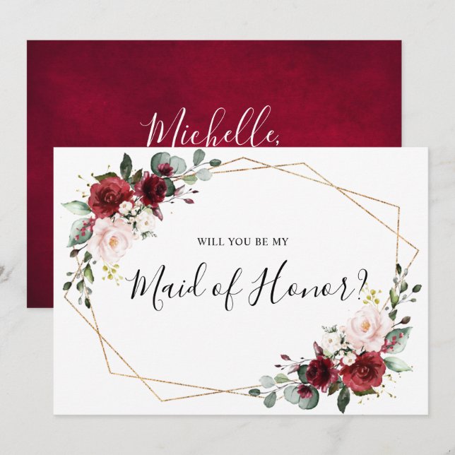 Invitation Bourgogne Blush Floral Serez-vous ma femme d'honne (Devant / Derrière)